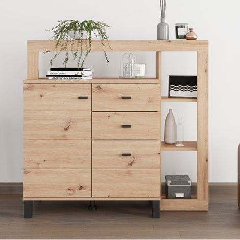 Credenza Coloni, Madia 3 Cassetti, 4 Ripiani, Apertura Battente, Scorrevole, 106x35x101h cm Marrone Rovere Nodi (1/5)