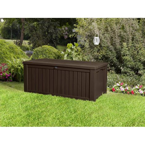 Dmora - Baúl de almacenamiento exterior Hawkesbury, Cofre de jardín, Banco con almacenaje, Arcón para exteriores, 155x72 h64 cm, Marrón (1/5)