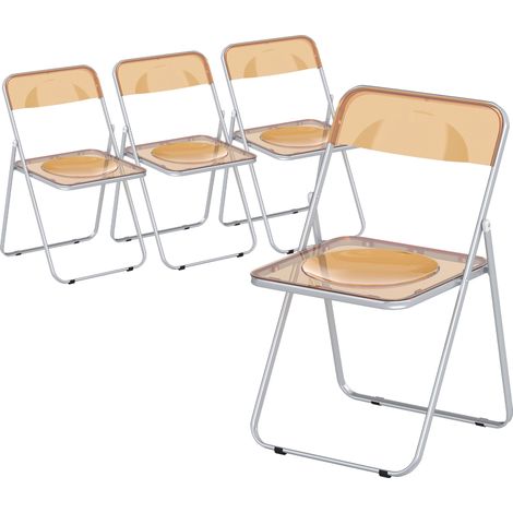 Lot de 4 fauteuils pliants orange, acier et acrylique, compacts pour salon et réceptions.