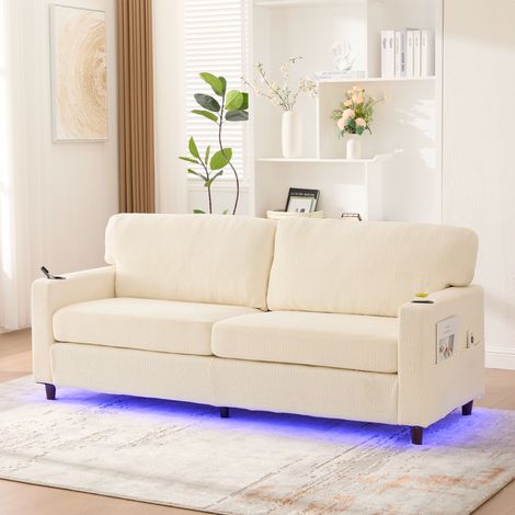 Divano moderno a 2 posti in ciniglia con porta USB-C, illuminazione a LED, portabicchieri e tasche laterali, 203x77,5x86cm, Beige