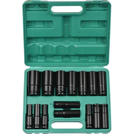 Jeu de douilles d'impact hexagonales 1/2 pouce entraînement 15 pièces profondes métriques 8-32 mm acier vanadium chrome avec boîte de rangement