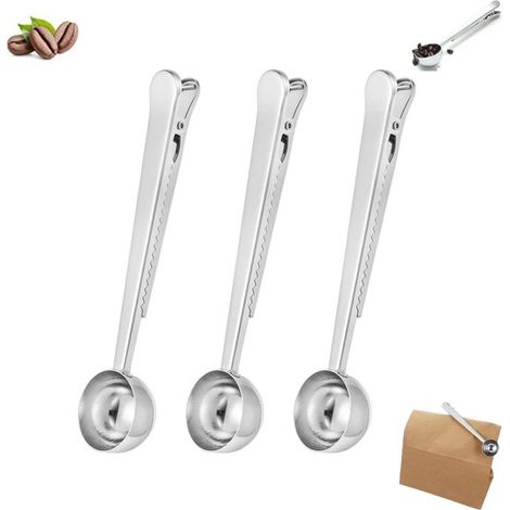 Set di 3 cucchiaini da caffè con clip, cucchiaio dosatore per caffè con manico lungo, cucchiaio dosatore 2 in 1 in acciaio inox, cucchiaio da caffè in acciaio inox, cucchiaio per macinare con clip per (1/5)