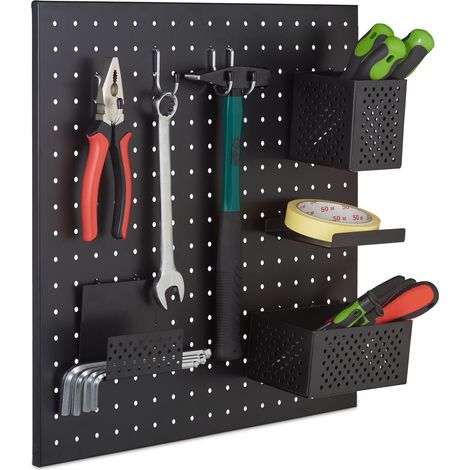 Panneau perforé, système de Rangement pour Outils, H x L : 45 x 45 cm, en Lot de 9 Accessoires, Couleur Noir (1/5)