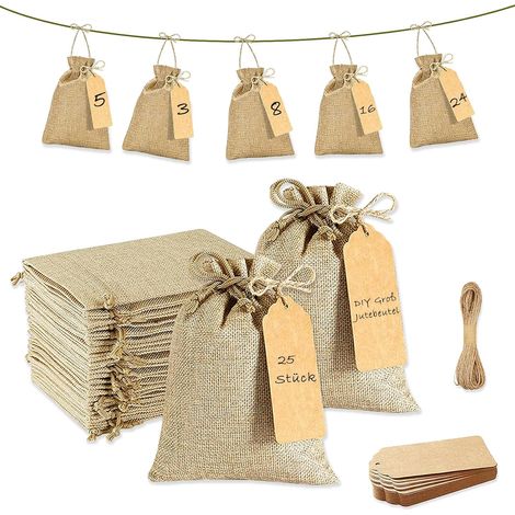 25 Stück Jutebeutel Jutesäckchen 15x20cm Groß Jute Beutel mit 25 Etiketten + 10M Seil Adventskalender Tüten, DIY Stoffbeutel Weihnachtsdeko für Befüllen Weihnachten Gastgeschenke und Handwerk (1/5)