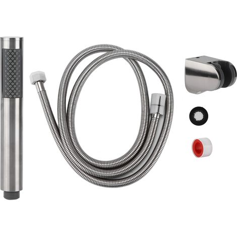 Douche Main Ronde en Acier Inox Brossé avec Support Fixe et Flexible - Lot de 3 Pièces