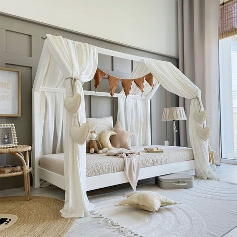 Ciel de lit en mousseline double pour 90x190 Blanc et or (1/4)