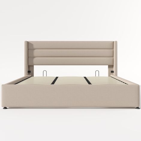 Polsterbett mit hydraulischem Bettkasten 180x200 cm aus Leinen Beige MODENUIT (1/5)