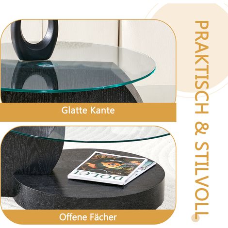 Table basse moderne en verre trempé double étage, design étagé, structure en MDF haut de gamme aspect bois noir, choix multiple de couleurs, meuble salon élégant. (1/5)