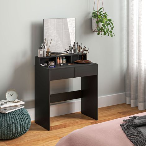 Coiffeuse avec miroir, 2 tiroirs, 3 compartiments, coiffeuse pour chambre 75x38x135 cm noir