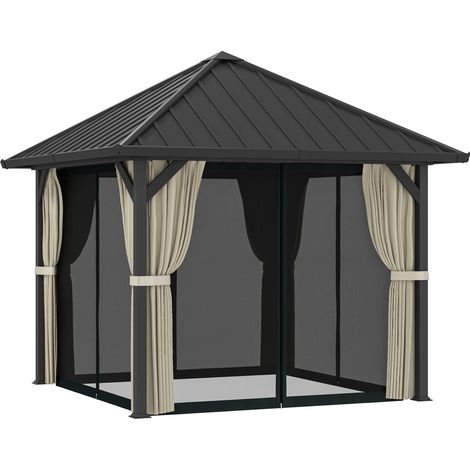 Pavillon de jardin toit rigide 3 x 3 m avec moustiquaire et rideaux gris fonce