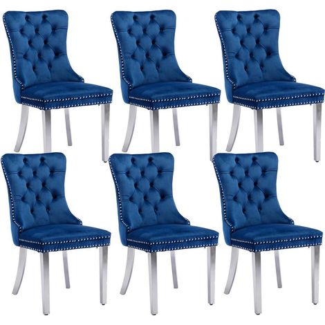Esszimmerstühle 6er Set Samt Blau mit Nieten und Edelstahlbeinen (1/5)