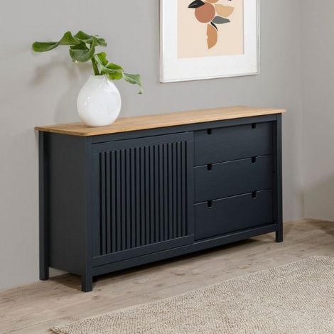 Credenza in legno massiccio con anta scorrevole e 3 cassetti colore grigio antracite e pino 150x40x80H cm - Gaia