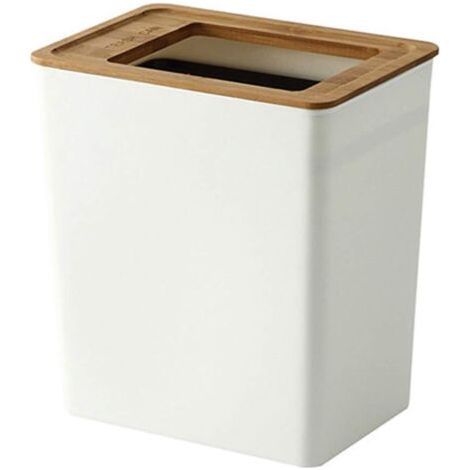 Poubelle de salle de bain 7,5 litres – Rectangulaire en plastique durable – Couvercle en bambou ouvert – Dimensions 23x16x25,5 cm