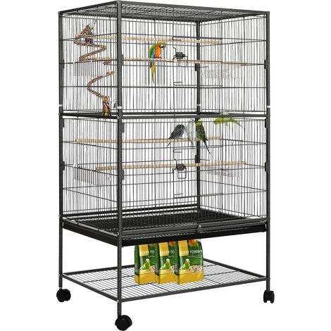 132cm Large Bird Cage with 360° Braked Wheels, Black Rolling Indoor Aviary With Perches, 4 Feeding Bowls, Toys And Storage Shelf For Budgies, Cockatiels And Small Parrots. (1/5)