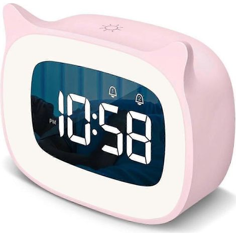 Réveil pour enfants avec veilleuse et 18 sonneries, rechargeable, adorable horloge à oreilles de chat pour garçons