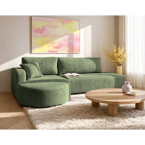 Miro - canapé d'angle gauche 4 places convertible avec coffre en velours texturé - vert sauge (1/5)