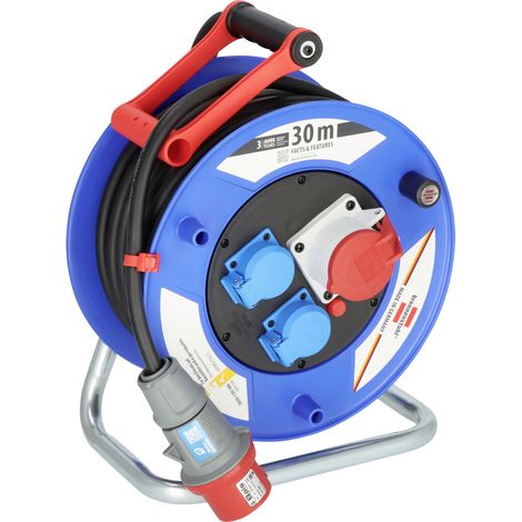 Brennenstuhl – Kabeltrommel 30m – 1237980 – CEE-Stecker 400V/16A – 2 spritzwassergeschützte Steckdosen 230V – für Baustellen und Außenbereich (1/4)