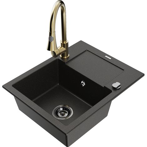 Mexen Enzo 1 Becken-Granitspüle mit Abtropffläche und Mischbatterie Elia, Schwarz/Gold metallisch -
