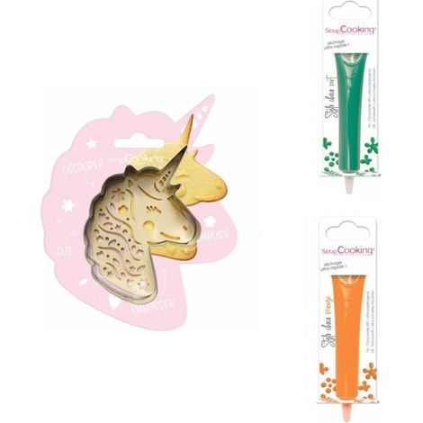 Kit pour biscuit en relief Licorne + 2 Stylos au chocolat vert et orange