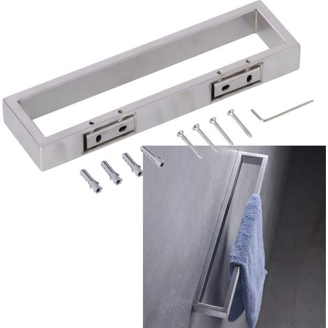 Rechteckiger und langer, dicker Handtuchhalter aus gebürstetem Edelstahl 304 mit perforierten horizontalen Handtuchringen. (1/5)