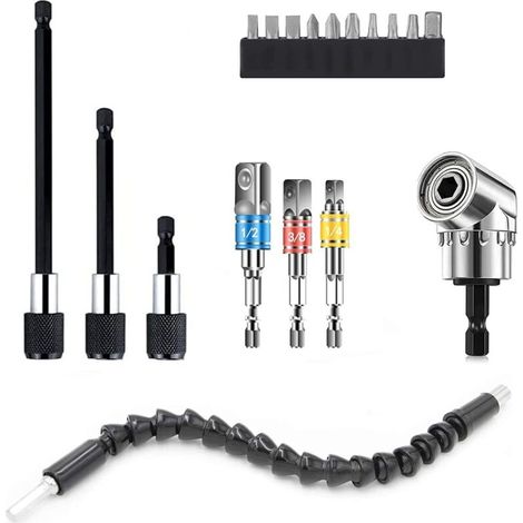 Drill Bit Extension, Hex Shank, 105° Right Angle Drill Attachment, Universal Socket Wrench Tool Set, Universal Socket Adapter Set 1/4 3/8 1/2", 3 Drill Bit Holders, screwdriver bit set (1/5)