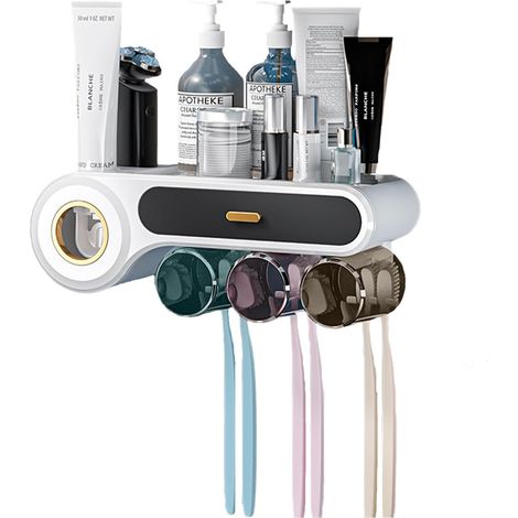 Porte-brosse à dents, support mural pour brosse à dents, avec distributeur automatique de dentifrice, gobelet, fentes pour brosse à dents (3 tasses)
