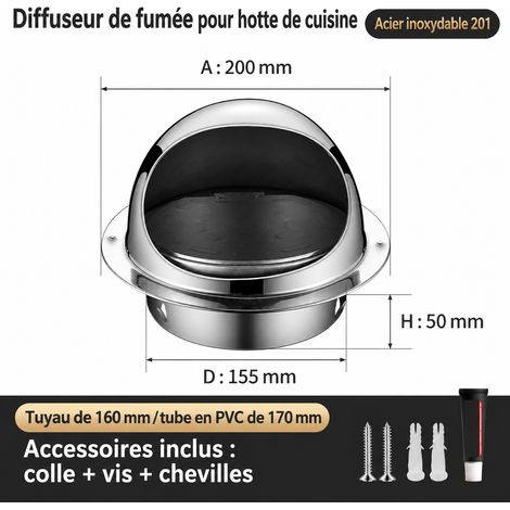 Chapeau de ventilation mural inox 201 avec clapet anti-retour φ160 mm 201 φ160mm réf 6379 1 kg – Livraison gratuite