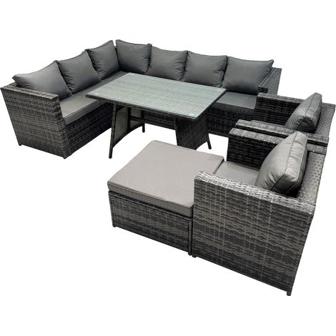 Fimous 9-seater Outdoor PE Rattan Sofa Set with Dining Table Patio Garden Furniture Sets with 2 Chair Big Stool Dark Grey Mixed (1/5)