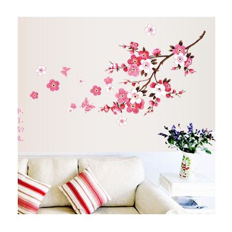 Cherry Blossom Wall Stickers with Red Pink Butterfly, Cherry Blossom Vine Flower Branches Tree Decals Living Room Bedroom Kitchen Tiles Hallway Wall Stickers (1/5)