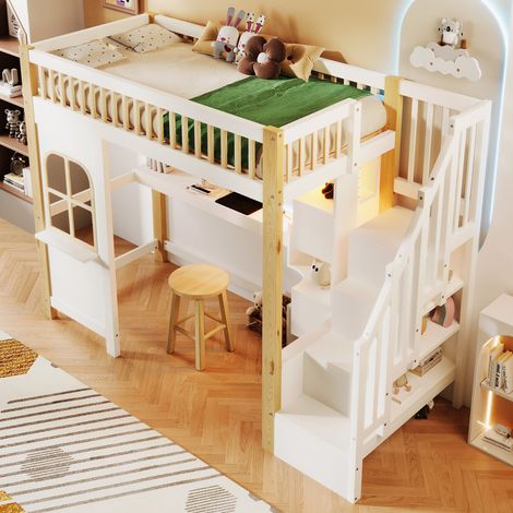 Modernluxe – Lit mezzanine 90x200 cm – Bureau intégré avec éclairage LED – Échelle de rangement – Blanc et naturel – Matelas non inclus