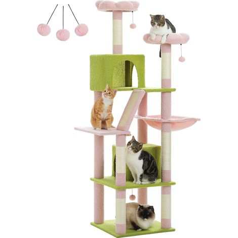 PAWZ Road Grand Arbre à Chat Multi-Niveaux avec 6 Poteaux à Griffer, 2 Griffoirs, 2 Niches, 2 Pompons & 1 Hamac, 180cm, Rose (1/5)