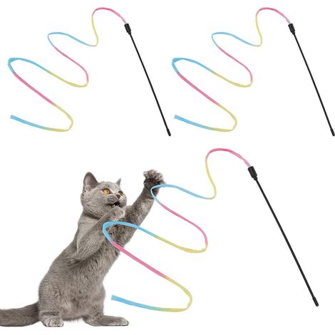 Chat Baguett Arc-en-Ciel Jouet, Baguett de Ruban Arc-en-Ciel 3pcs pour la Formation des Chatons, Baguett de charmeur de Chat à Ruban Arc-en-Ciel Baguett de Receveur Interactive(30cm) (1/5)