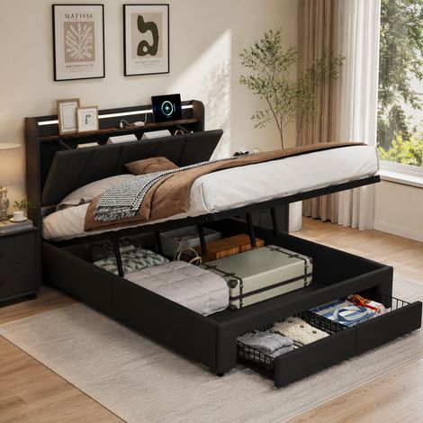 Lit coffre 140×200 cm,rangement hydraulique,2 tiroirs,lit double capitonné,lumière LED et port USB,cadre de lit 140×200,tête de lit rangement,sommier à lattes,lit adultes,Lin,Gris (1/5)