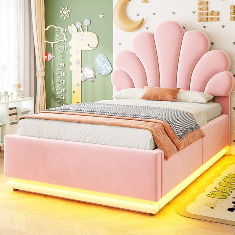 Lit coffre rembourré 90x200 cm avec tête de lit fleur, LED et cadre en métal, velours rose (1/5)