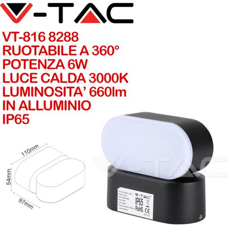 V-TAC VT-816 8288 Lampada LED da Muro Ovale 6W Colore Nero con Testa Ruotabile 3000K IP65 (1/5)