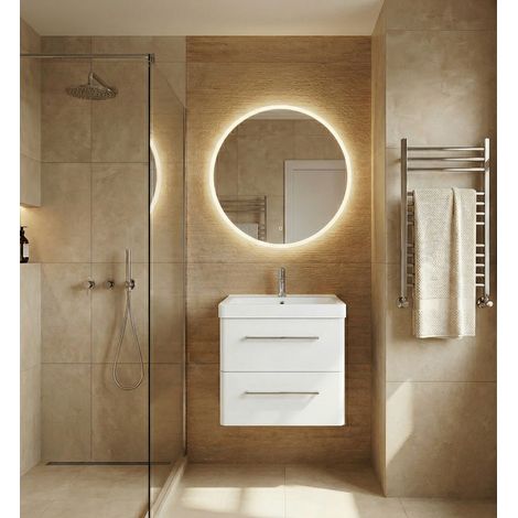 Meuble sous‑vasque TAHITI 60 cm Suspendu, Meuble de salle de bain mural laqué Blanc Brillant, plan résine, 2 tiroirs amortis, poignées en acier, meuble lavabo petit espace (1/5)