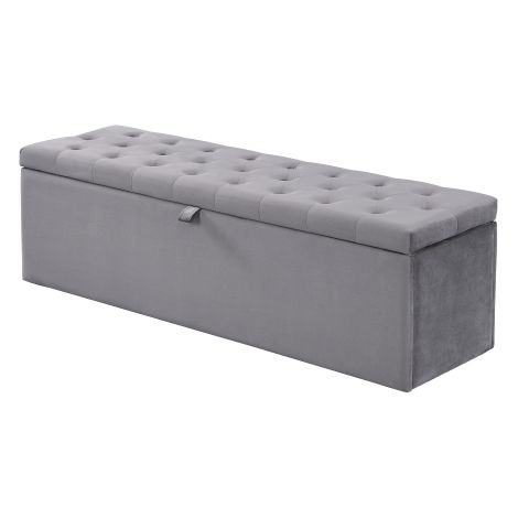 Banc rembourré en velours gris / Banc de rangement pour bout de lit (138 x 41 x 42 cm) (1/5)