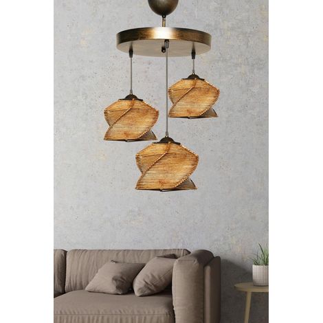 Lustre bohème, corps en métal, 35 cm de diamètre, 85 cm de hauteur, Finition antique, 3 ampoules E27 max. 40 W, pour la décoration glamour et scandinave (1/2)