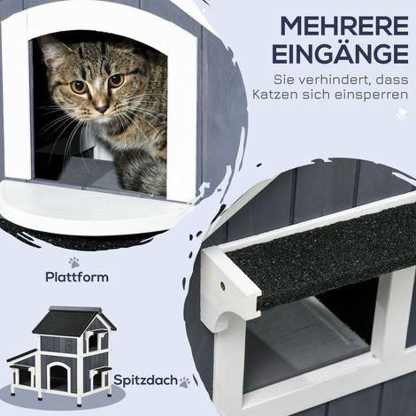 Maison extérieure pour chat, deux niveaux, surélevée, bois naturel, toit en feutre bitumé, gris, 96 x 65 x 85,5 cm (1/5)