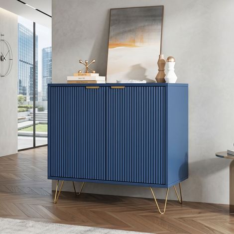 Comanlai - Buffet Bas 80 cm Bleu - Meuble de Rangement 2 Portes Texturées et Pieds Épingles Dorés - Style Art Déco et Moderne (1/5)