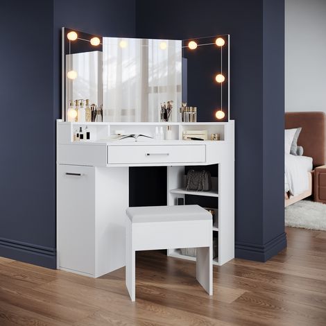 ELEGANT Modern Corner Dressing Table with Mirror, 3 Open Compartments and 2 Drawers, Silver Metal Armrests, White Single Table with Stool + LED Mirror Lights (1/5)