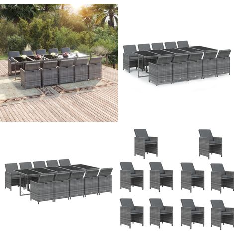 11-tlg. Garten-Essgruppe mit Kissen Poly Rattan Grau - Gartenmöbel - Rattan (1/5)