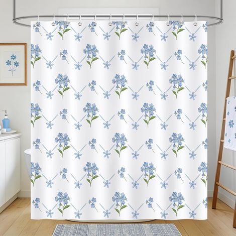 Rideau de Douche Bleu Fleurs, Rideau de Baignoire Chic Fleur Feuille Minimaliste Cottagecore 180 x 180 cm Polyester Imperméable Résistant à la Moisissure 12 Crochets (1/5)