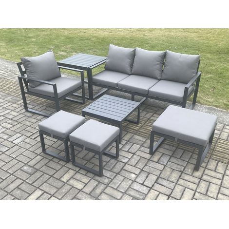 Fimous Aluminium Outdoor Garden Furniture Set Lounge Sofa Chair Square Coffee Table Sets with Side Table 3 Footstools Conservatory Set Dark Grey 7 Seater (1/5)