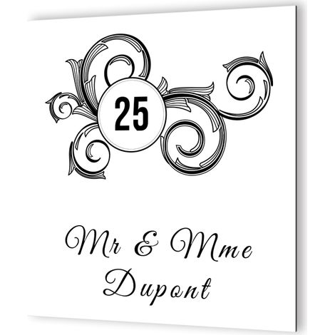 Plaque numéro de maison extérieur personnalisable - Dibond aluminium composite - Blanc et noir, modèle floral - 20x20 cm, épaisseur 3 mm, fixation multiple (1/5)