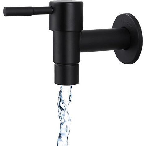 Rubinetto a parete monoforo in acciaio inox nero per acqua fredda, ideale per cucine, bagni, giardini, lavelli, lavanderie e spazi esterni.