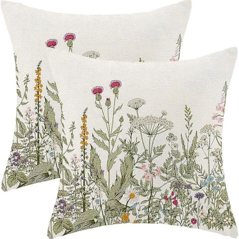 Filiyano-Housses de coussin vert sauge 45x45 cm, lot de 2, motif fleurs sauvages printanières, décoration florale saisonnière pour extérieur, style (1/4)