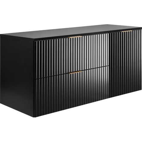 Ensemble de salle de bain : meuble avec tiroirs et meuble avec portes 57×46×120 cm, couleur : noir, poignée dorée (1/5)