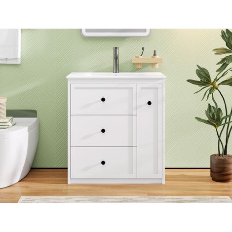 Mobile lavabo da bagno 76x46x82 cm, lavabo in ceramica integrato, 4 cassetti, MDF, bianco (1/5)