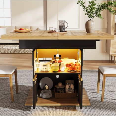 Tavolo da pranzo estensibile in MDF e metallo, 110/140 x 80 x 76 cm, nero, con spazio contenitore e LED (1/5)